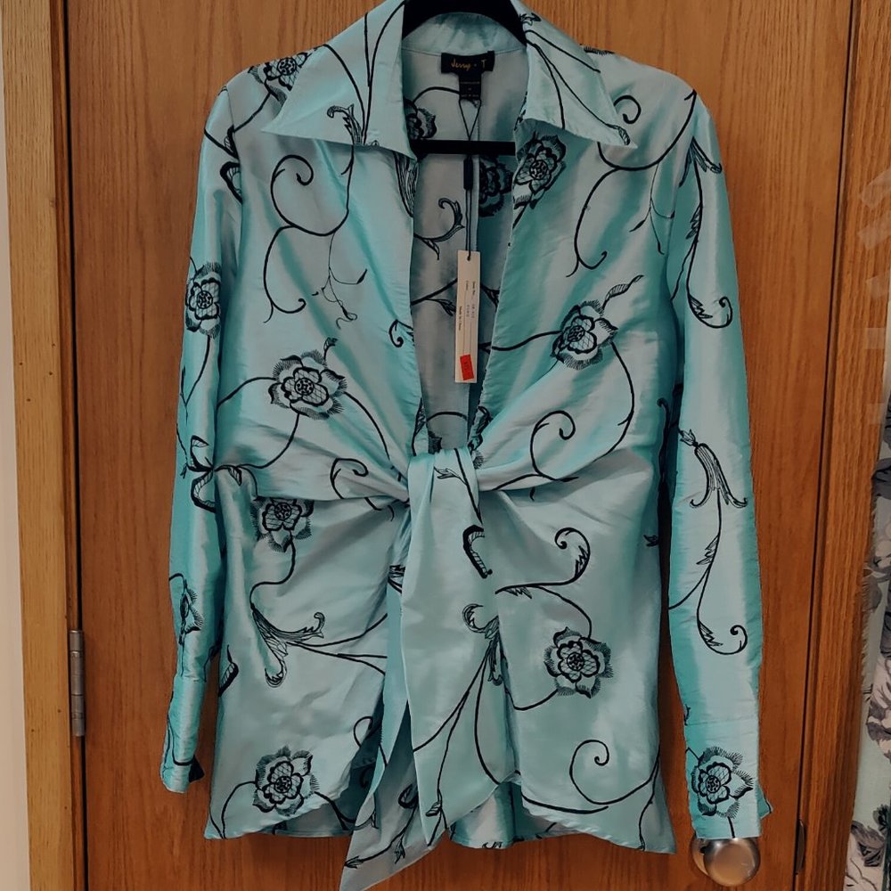 NWT - JERRY T Turquoise Embroidered Front Tie Jacket